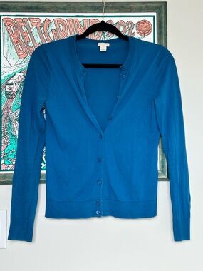 J. Crew Teal Blue Crewneck Button-Front Women’s Cotton Caryn Cardigan — Size XXS